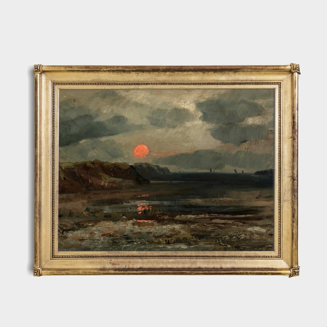 Red Sun Coastal Cliffs Dark Stormy Seascape Sunset Oil Painting Poster - Image 3