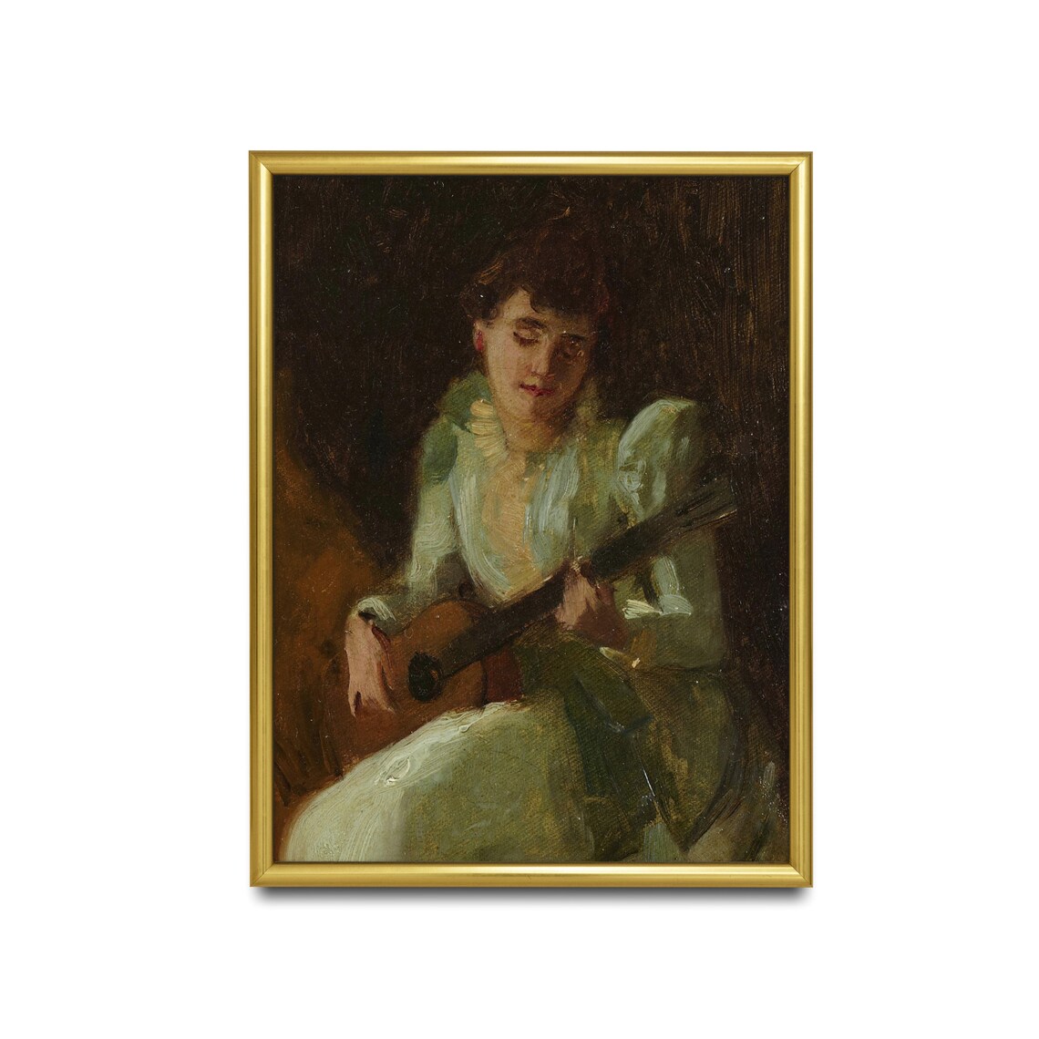 Woman in Green Dress Playing Guitar Moody Vintage Music Art Portrait Poster - Image 3