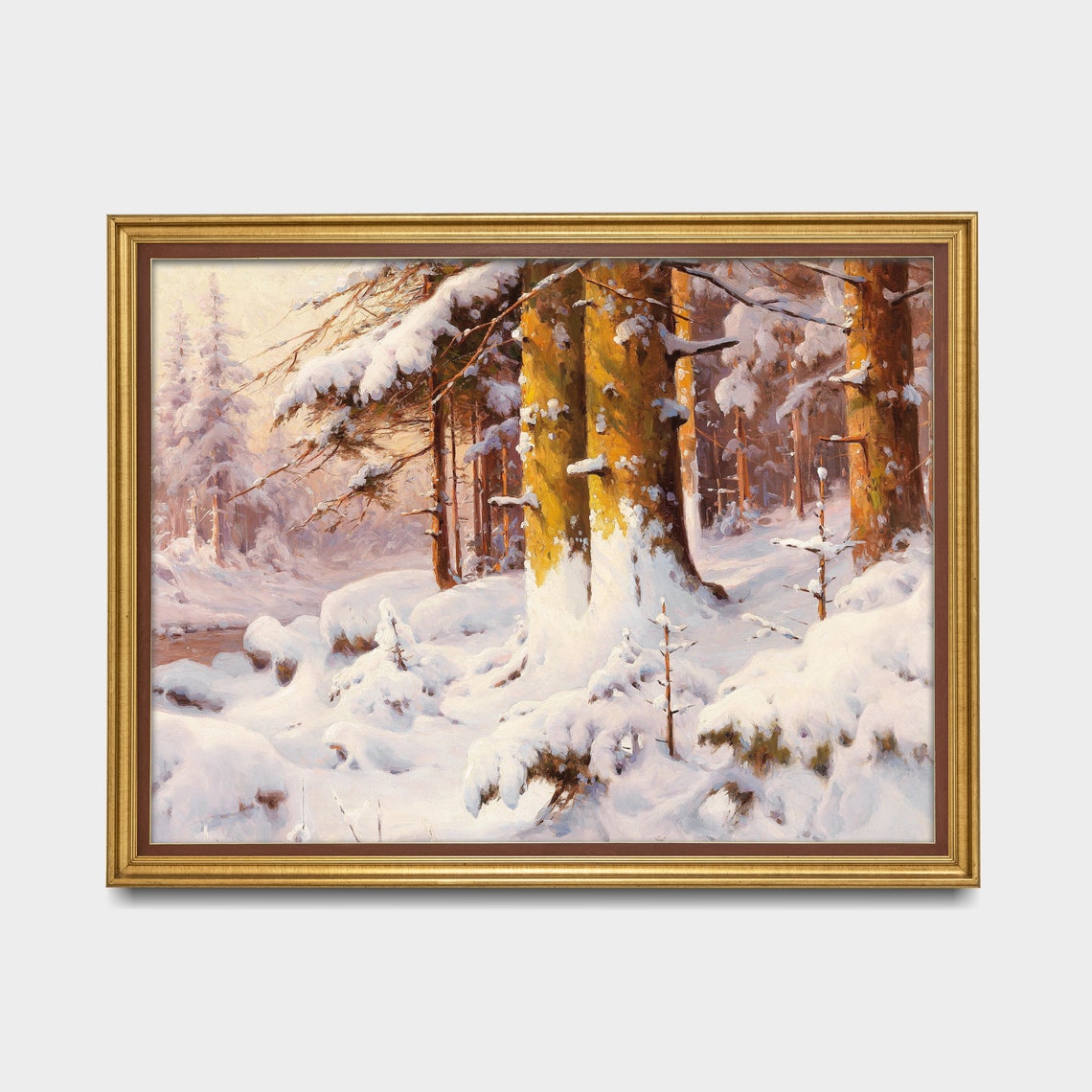 Warm Snowy Pine Forest with Stream Golden Winter Light Poster - Image 3