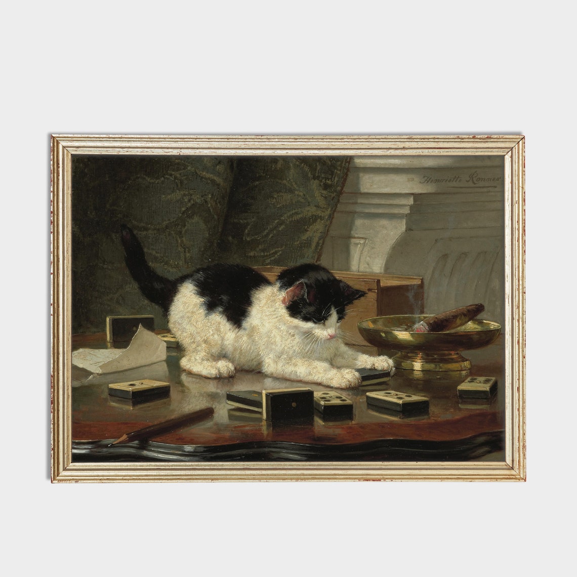 Kitten Playing with Dominoes by Henriette Ronner Vintage Poster - Image 2
