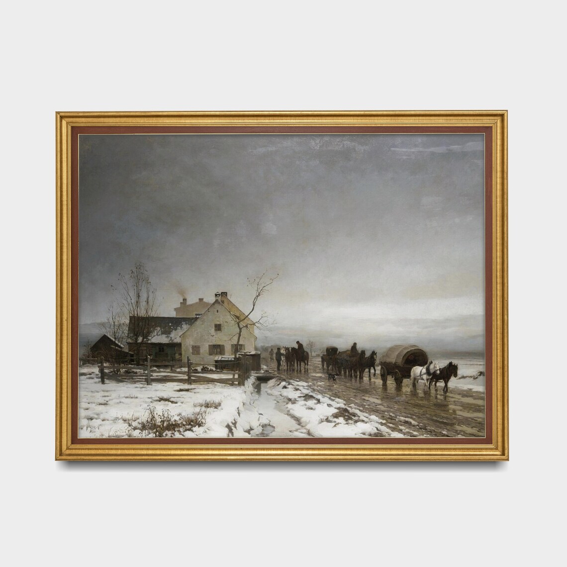 Horse-Drawn Carriages Leaving a Snowy Farmhouse Antique Winter Poster - Image 3
