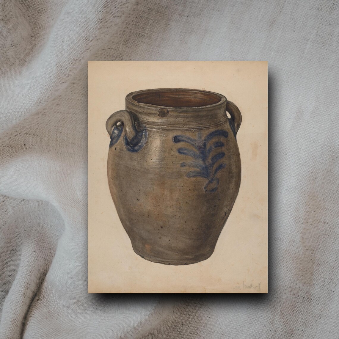 Antique Blue Decorated Stoneware Crock Folk Watercolor Art Poster - Image 5