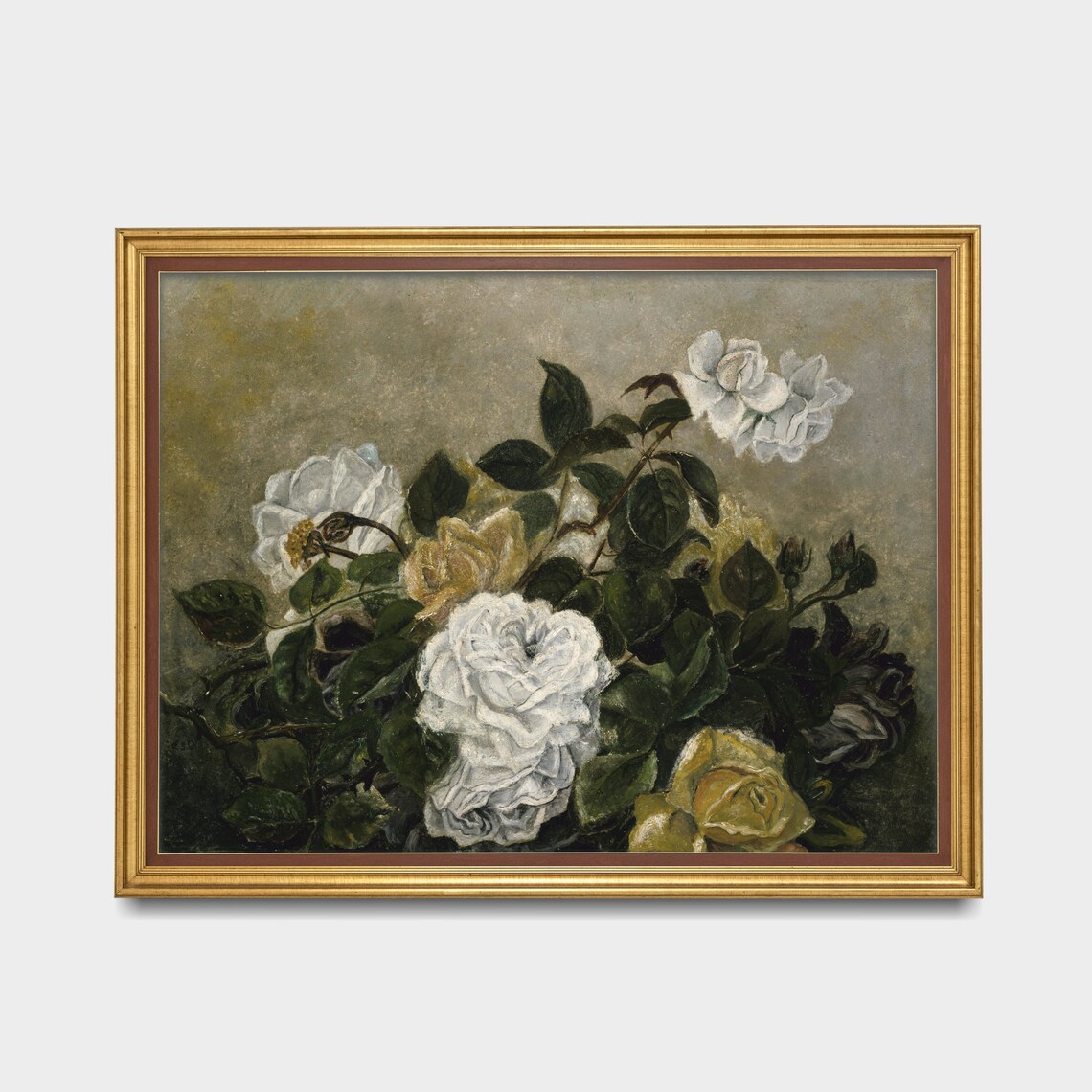 White And Yellow Roses Vintage Floral Still Life Painting Poster - Image 3