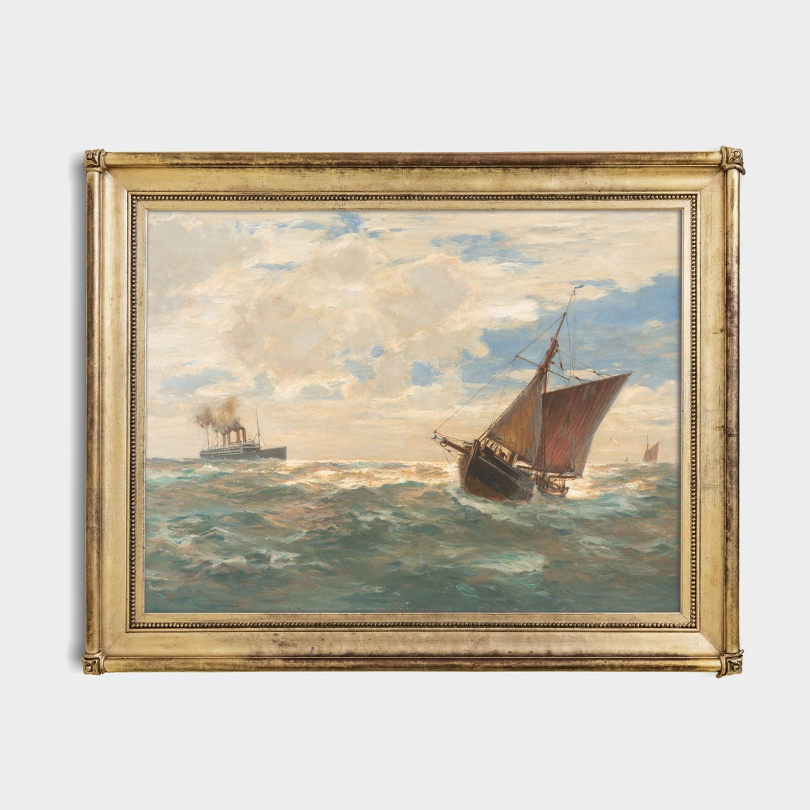 Fishing Boat In Rough Seas With Steamship Vintage Maritime Poster - Image 2