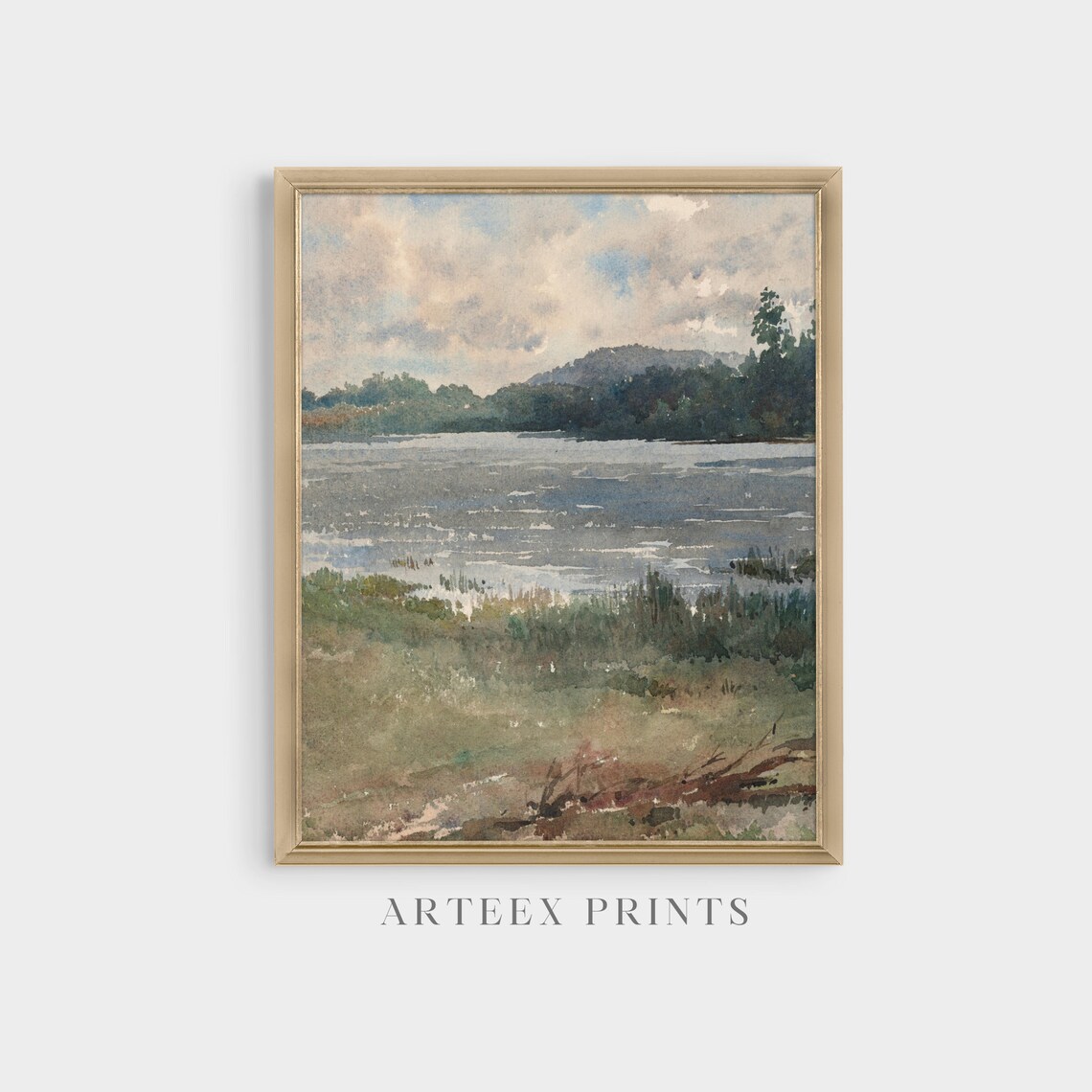 Calm Lake with Reeds and Distant Hills Watercolor Landscape Poster - Image 3