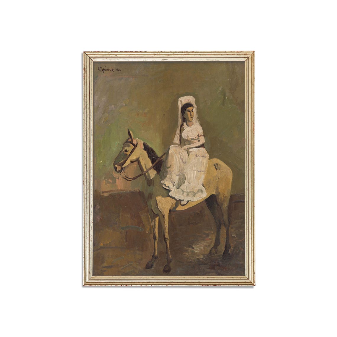 Elegant Lady in White Riding a Palomino Horse Portrait Poster - Image 3