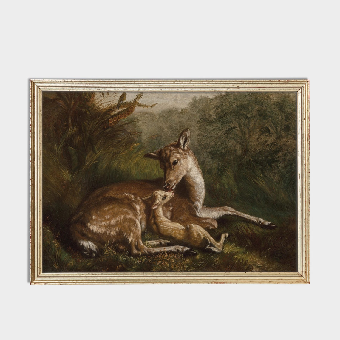 Doe Nuzzling Fawn In Forest Clearing Vintage Deer Oil Painting Poster - Image 2