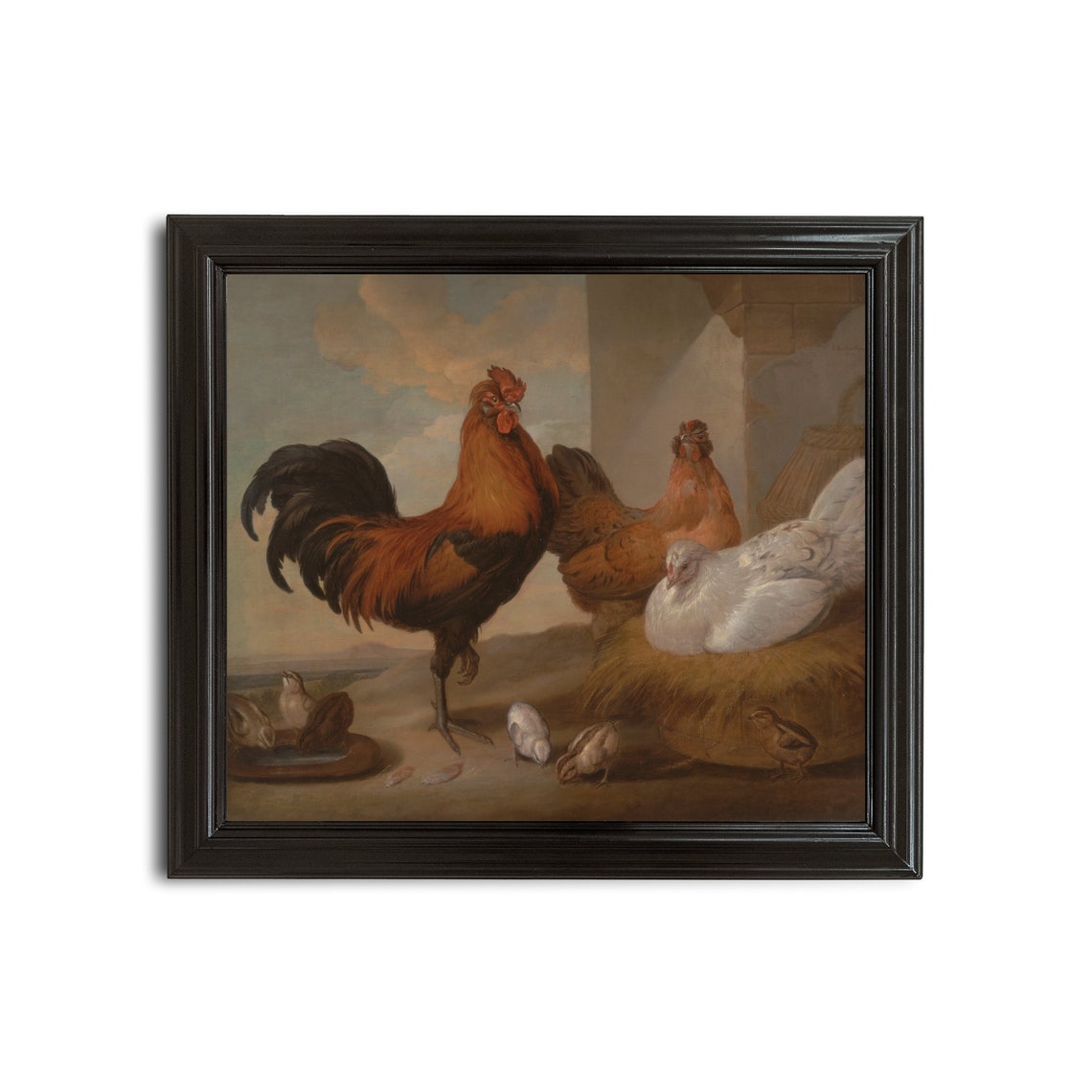 Vintage Red Rooster Hens Chicks Barnyard Farm Animal Painting Poster - Image 2