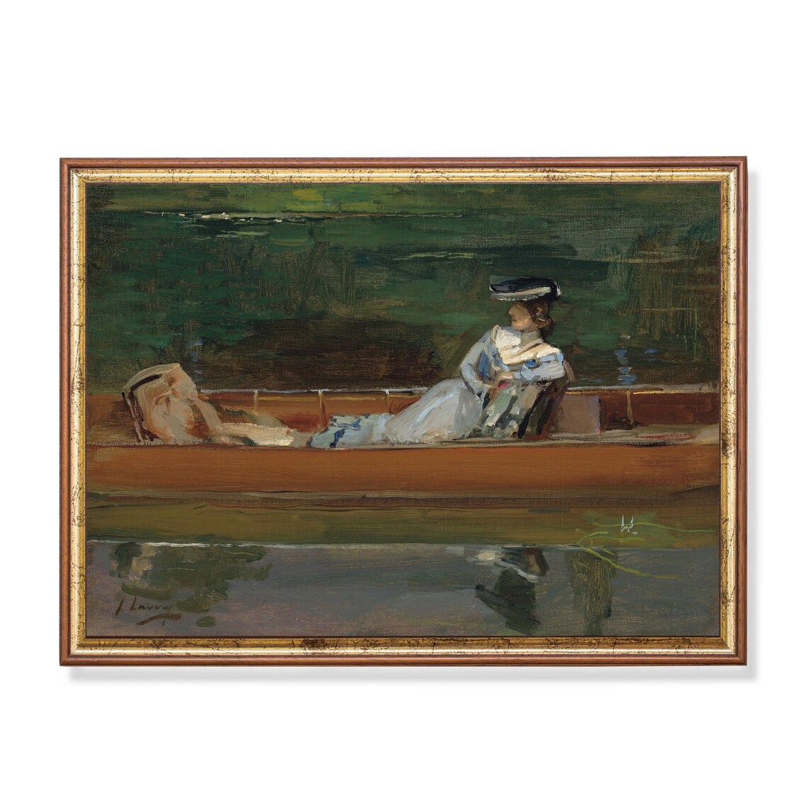Elegant Woman Reclining in Boat on Calm Water Impressionist Poster