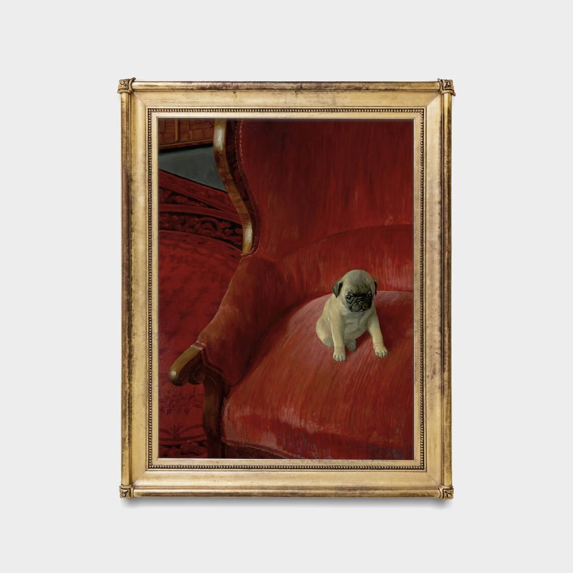 Vintage Pug Puppy Portrait Sitting Red Velvet Armchair Dog Art Poster - Image 5