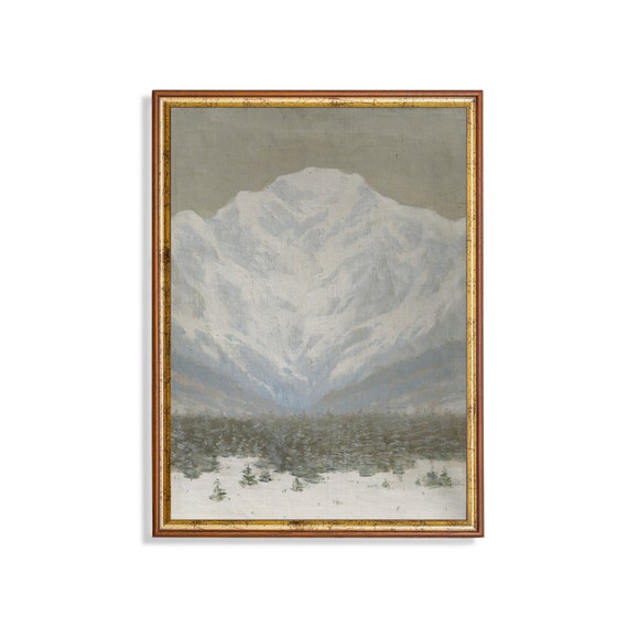 Vintage Painting Winter Snowy Mountain Snow Forest Landscape Antique Rustic Holiday Print Wall Art