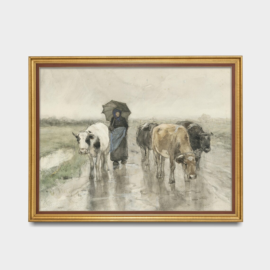 Woman with Umbrella Leading Cows in Rain Vintage Dutch Scene Poster - Image 2