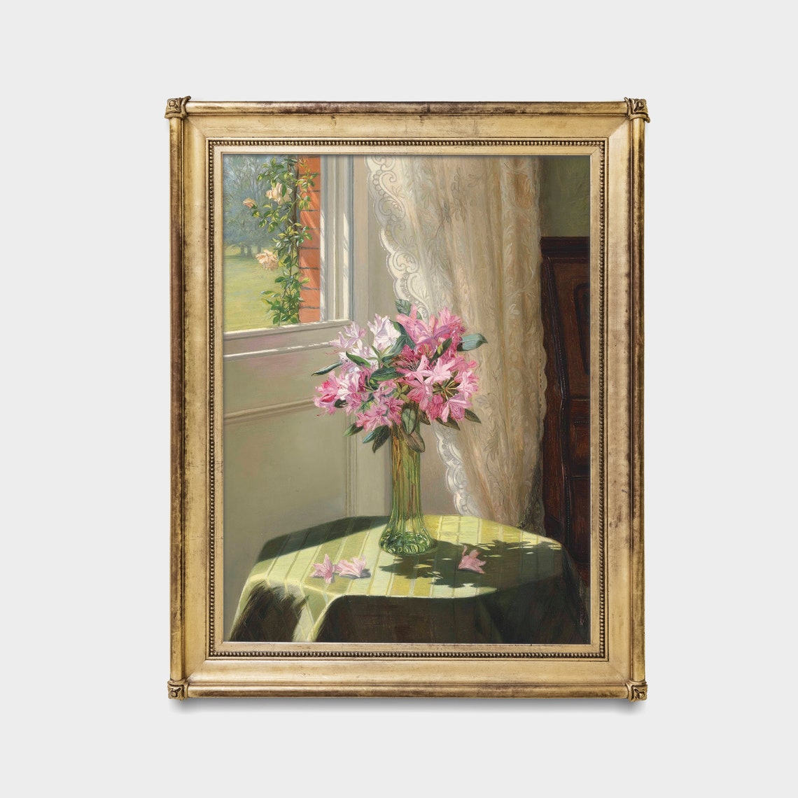 Pink Azaleas in Glass Vase by Sunlit Window Vintage Floral Poster - Image 2