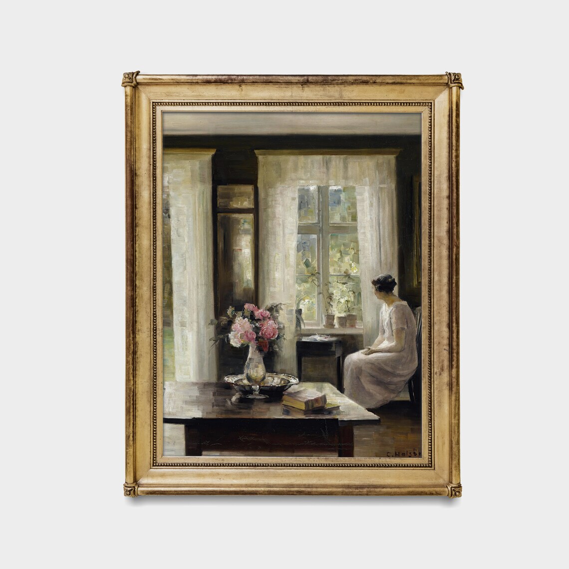 Woman Seated Beside a Sunlit Tall Window with Pink Roses Poster - Image 2