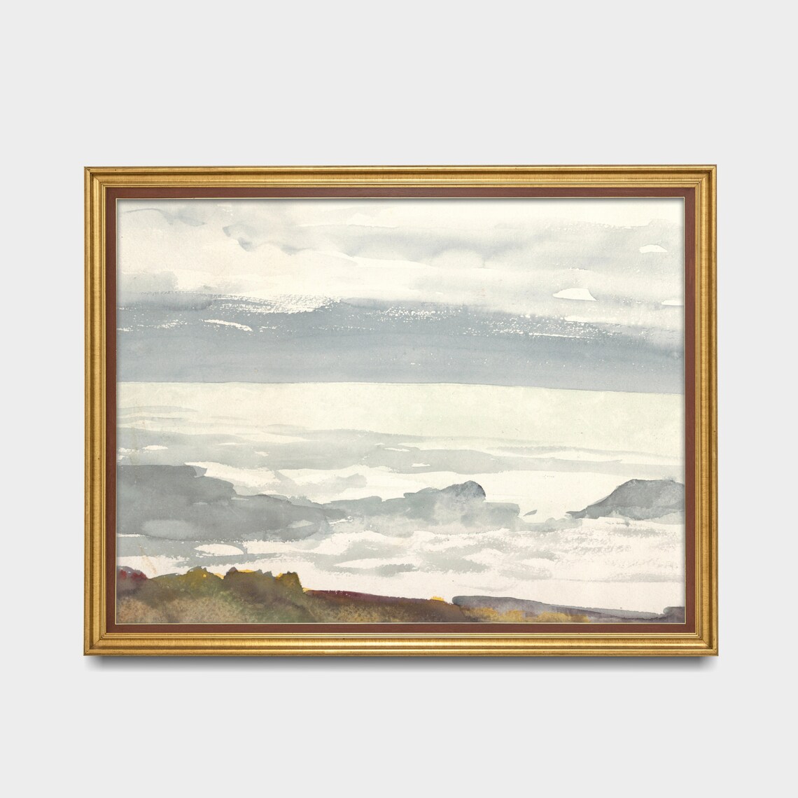 Soft Gray Watercolor of Sea Mist and Clouds Minimalist Seascape Print - Image 2
