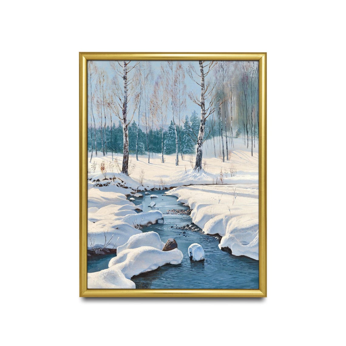 Winter Stream Through A Snowy Birch Forest Vintage Art Poster - Image 2
