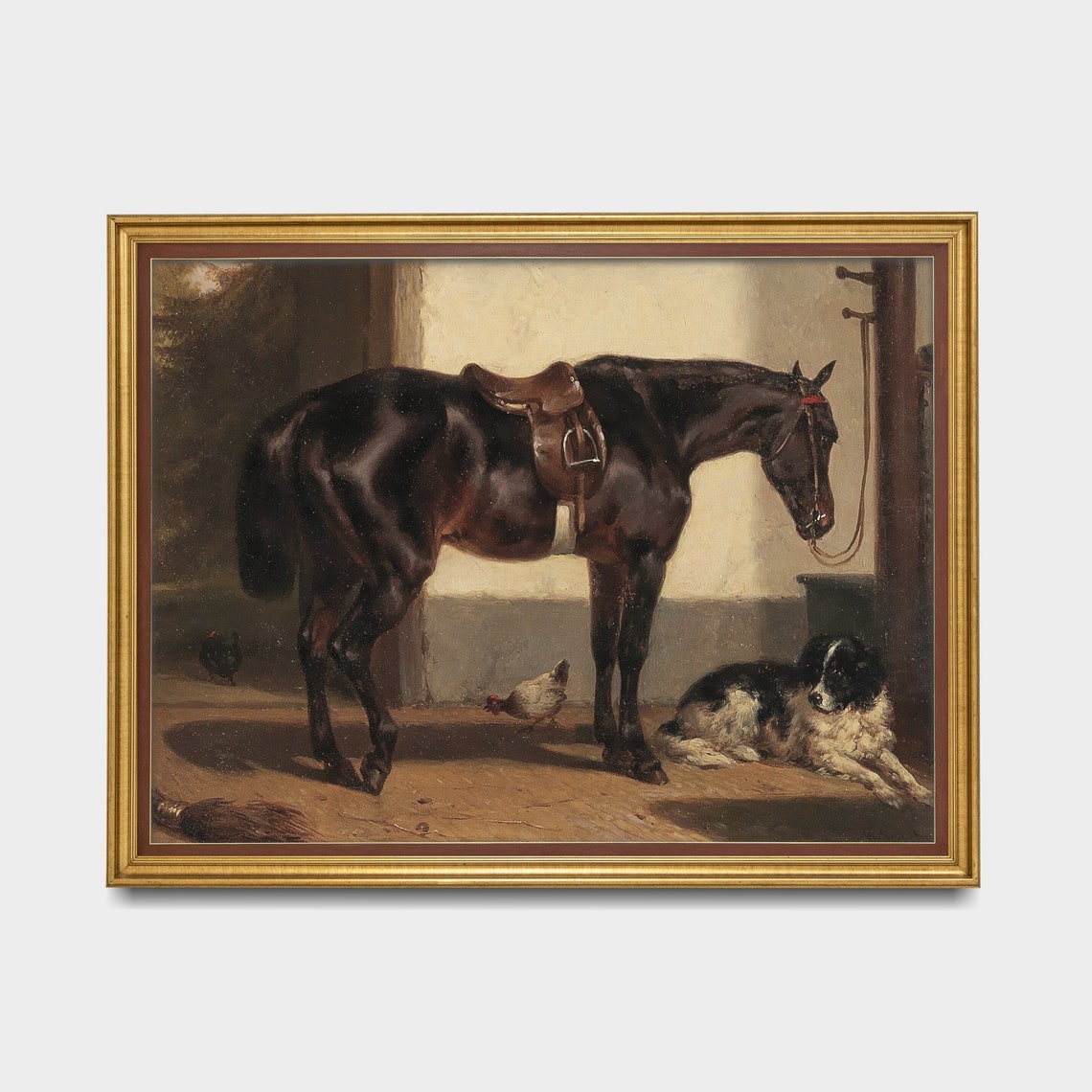 Black Saddled Horse With Dog and Chickens in Stable Yard Poster - Image 5