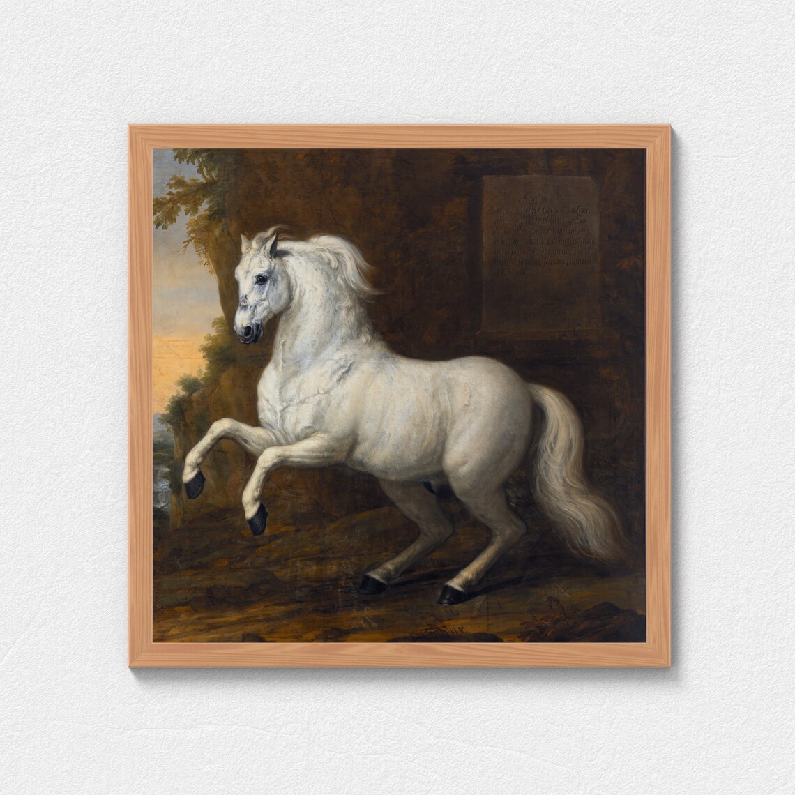 White Horse Rearing at Sunset Beside an Inscribed Stone Poster - Image 3