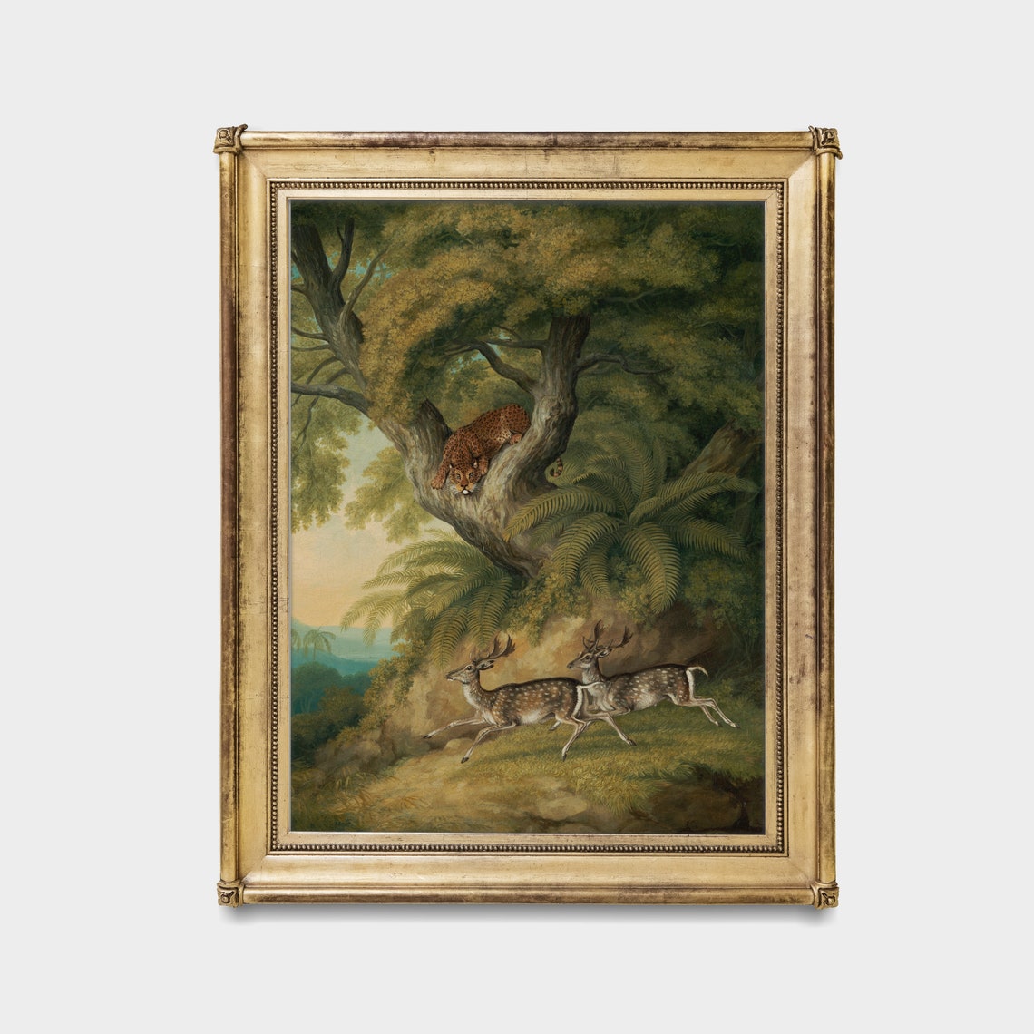 Leopard In Tree Watching Spotted Deer Fleeing Jungle Painting Poster - Image 3