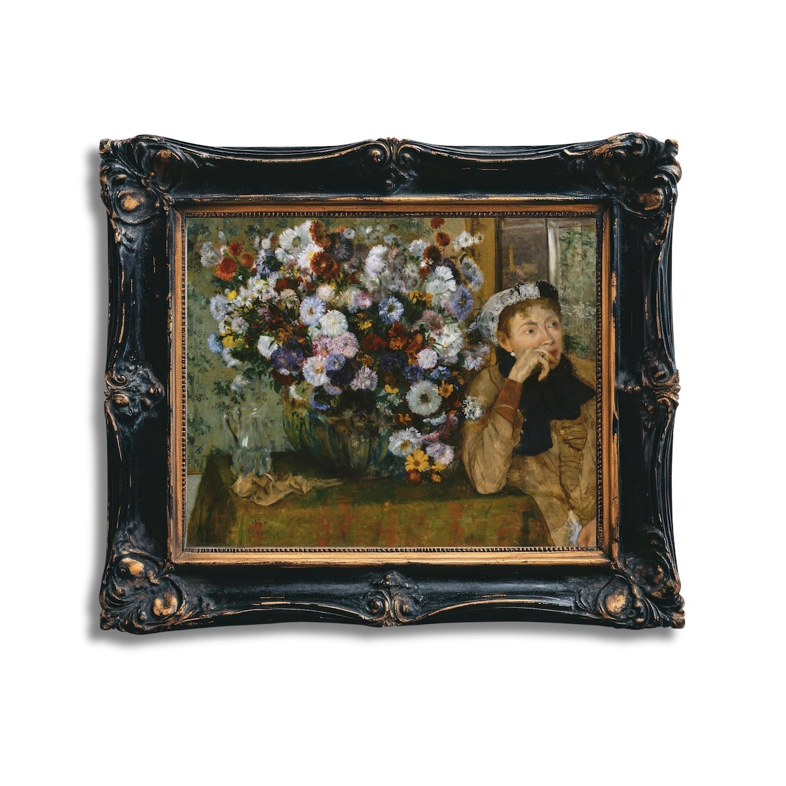 A Woman Seated Beside A Vase Of Flowers Print Vintage Floral Wall Art Impressionist Painting Classic Home Decor Elegant Art Poster