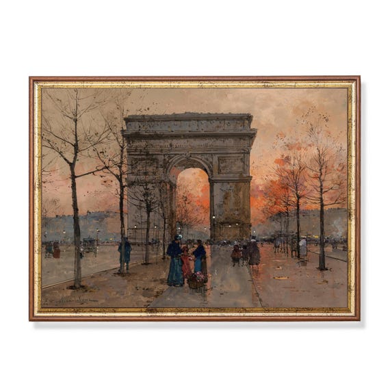 Mailed Print Vintage Cityscape Painting Antique Architecture Print Moody Rustic Art Print And Ship Arc De Triomphe Paris France