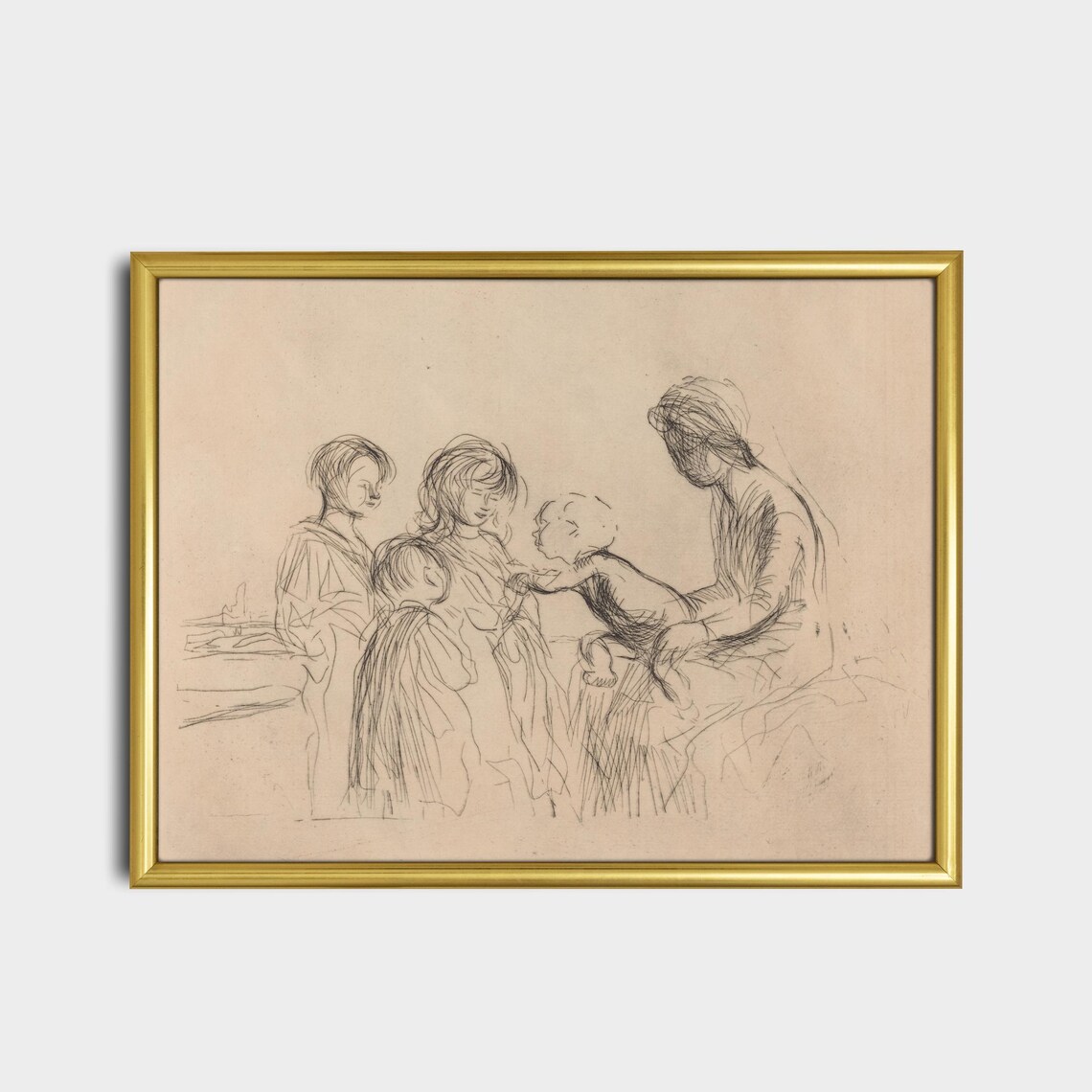 Vintage Mother and Children Pencil Sketch Warm Family Art Poster - Image 2