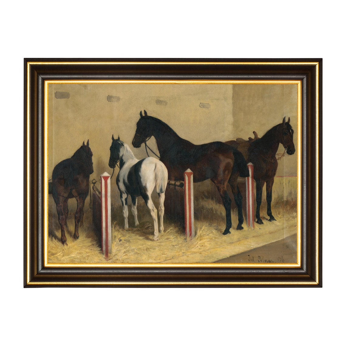 Four Horses in Sunlit Stable Interior Vintage Equestrian Group Poster - Image 2