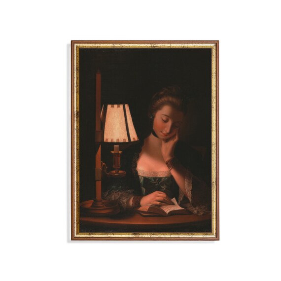Moody Woman Reading by Candlelight Vintage Night Portrait Poster