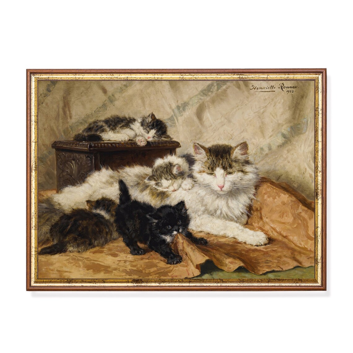Vintage Cats Painting, Antique Animal Print, Farmhouse Decor