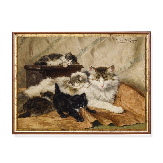 Vintage Cats Painting, Antique Animal Print, Farmhouse Decor