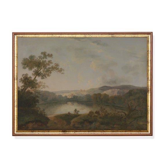 Vintage Landscape Painting Antique Country Landscape Moody Rustic Lake Print Wall Art Farmhouse Decor