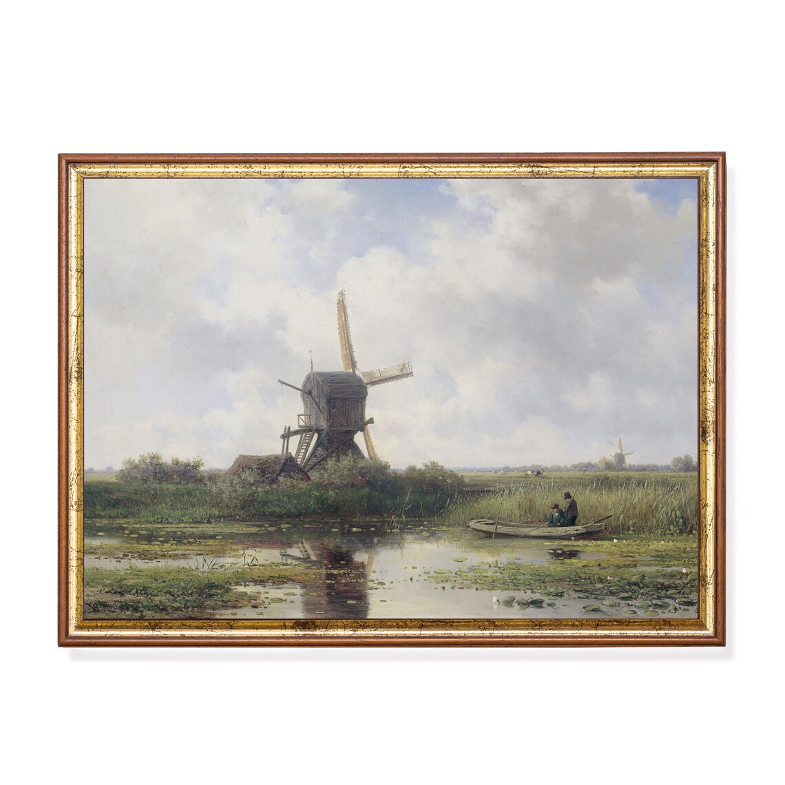 Dutch Wooden Windmill Beside a Canal with Fishermen Vintage Poster