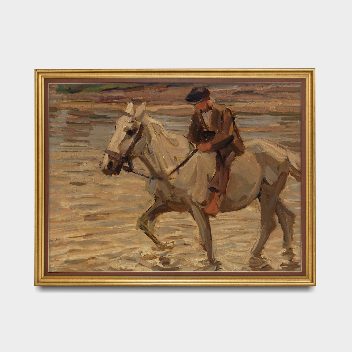 Rider on a White Horse Crossing a Shallow River Impressionist Poster - Image 3