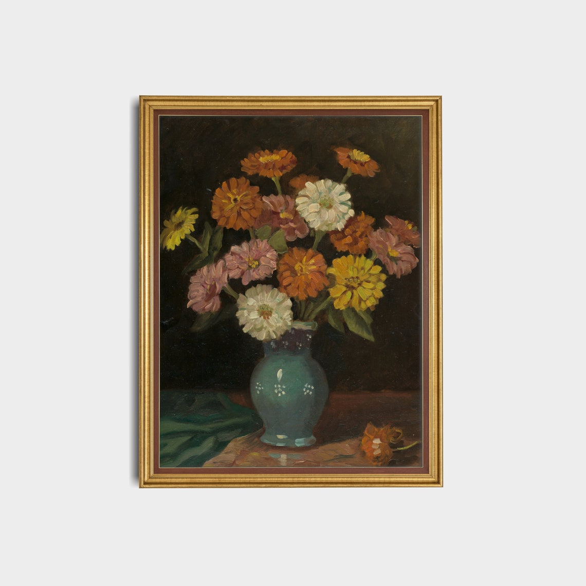 Autumn Zinnia Bouquet in a Blue Green Vase Still Life Poster - Image 2