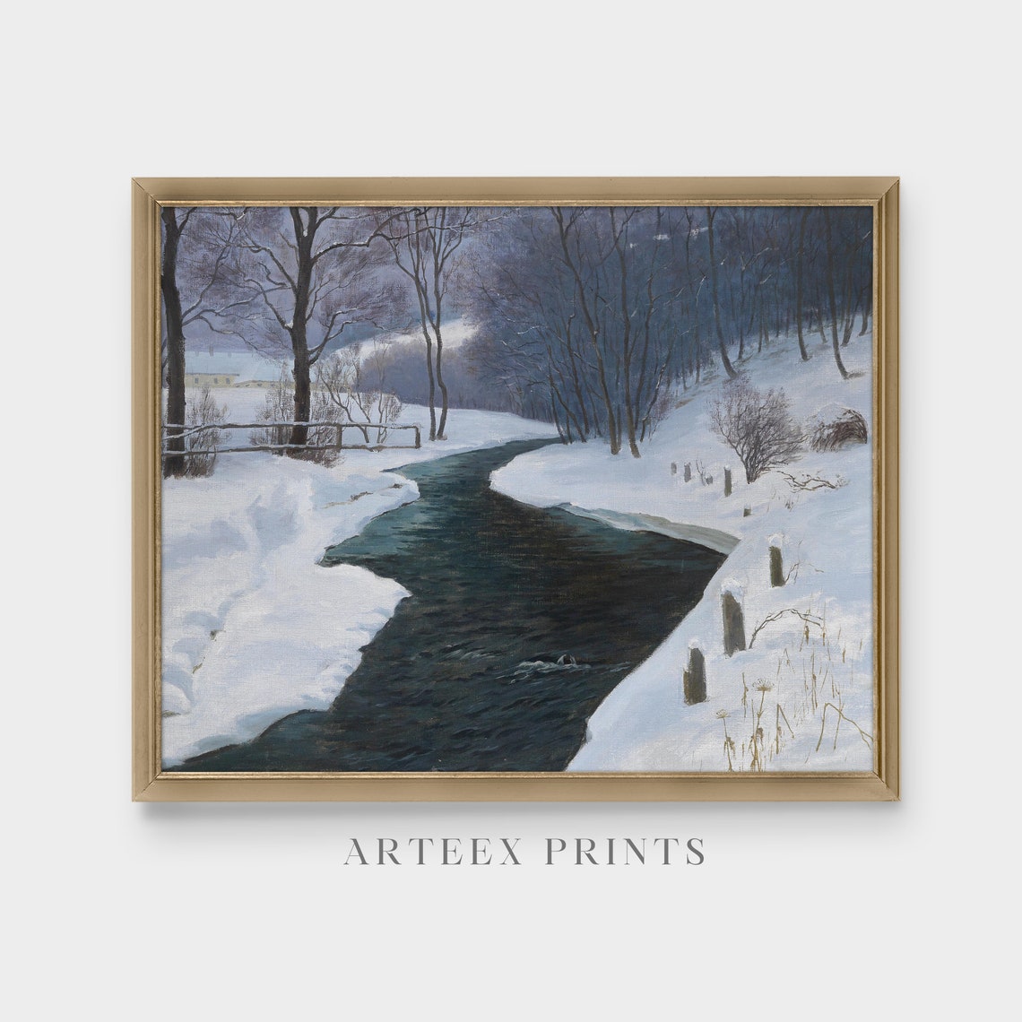 Dark Open River Flowing Through a Snowy Forest Moody Scene Poster - Image 4