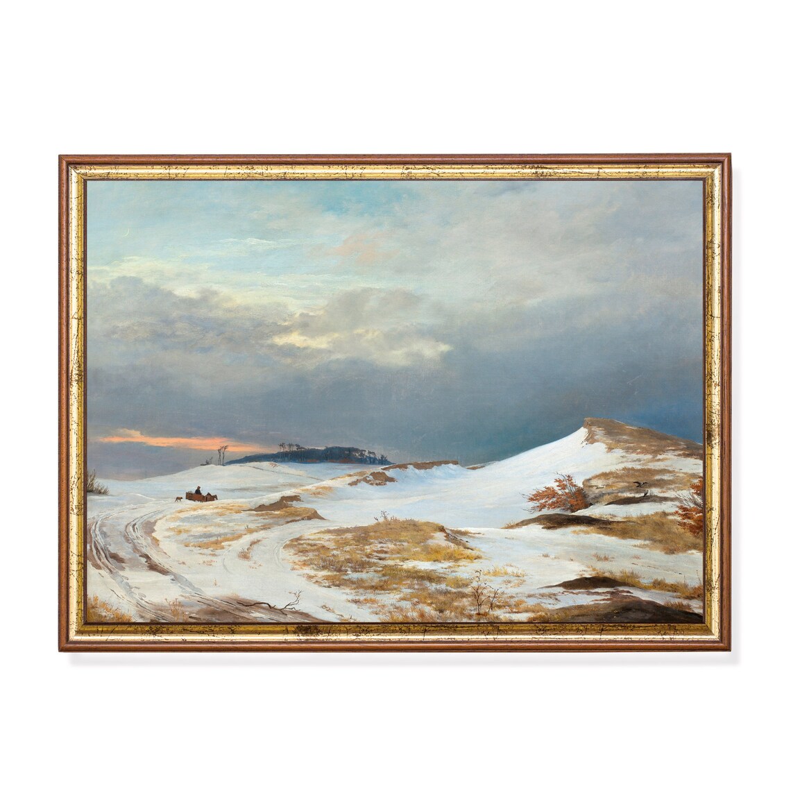 Horse-Drawn Sleigh on Snowy Road at Dusk Vintage Winter Poster
