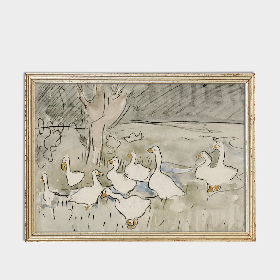 White Geese Walking by the Water Loose Watercolor Sketch Poster - Image 2