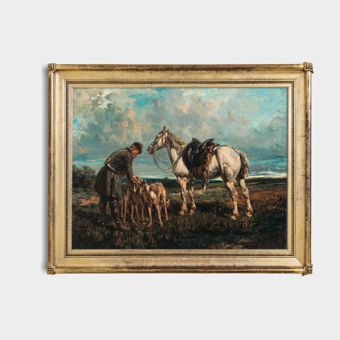 Hunter with His Horse and Hounds Vintage Equestrian Oil Poster - Image 4