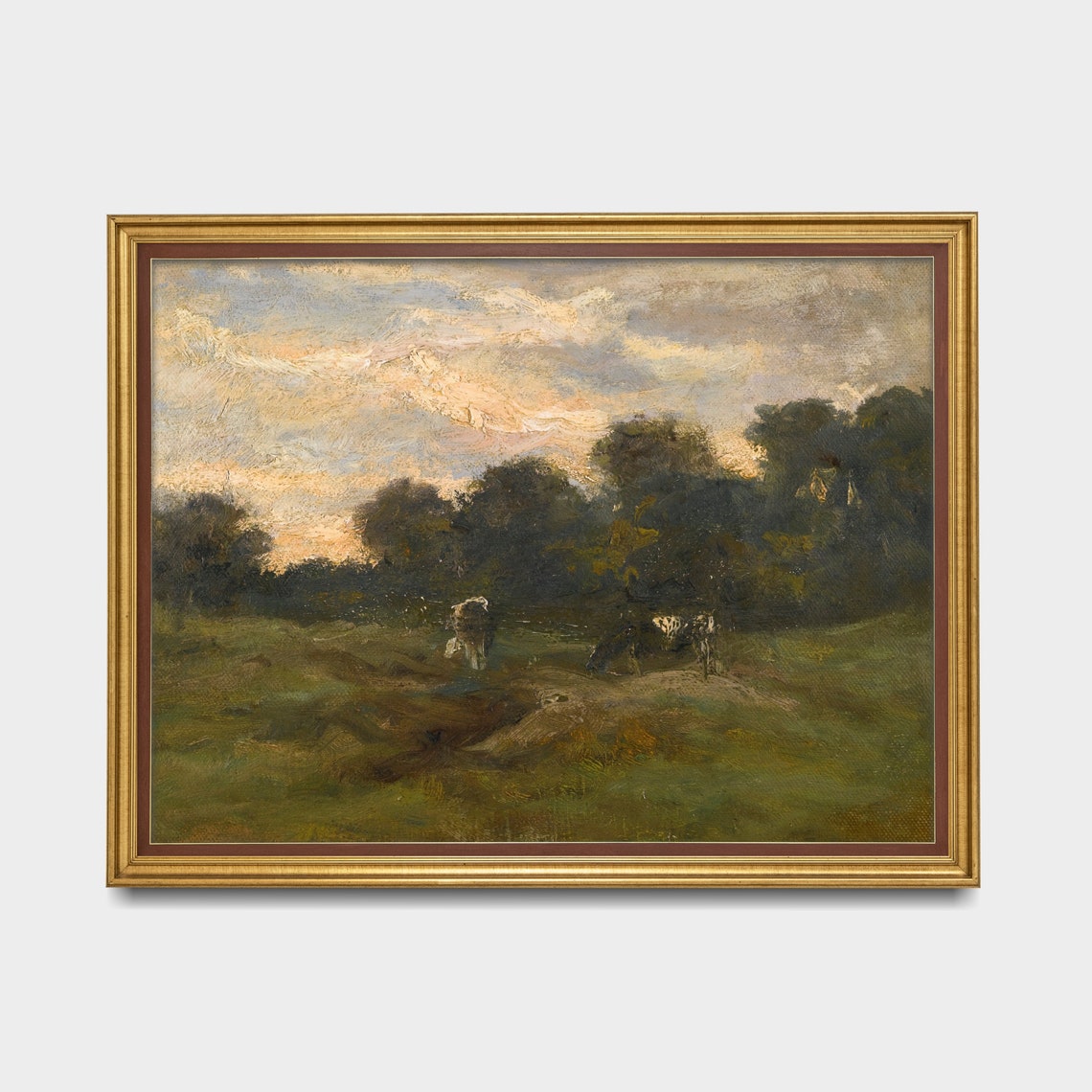 Cows Grazing at Dusk in a Dark Wooded Pasture Landscape Poster - Image 4
