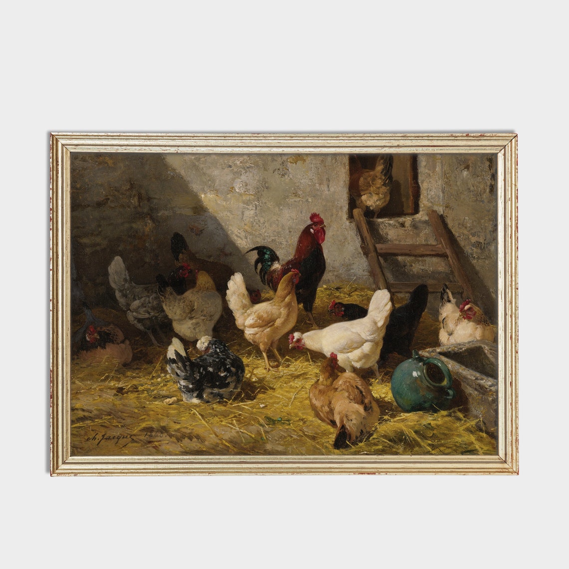 Rooster Painting Vintage Hen Print Dark Moody Rustic Oil Painting Farmhouse Animal Antique Art Wall Art - Image 2
