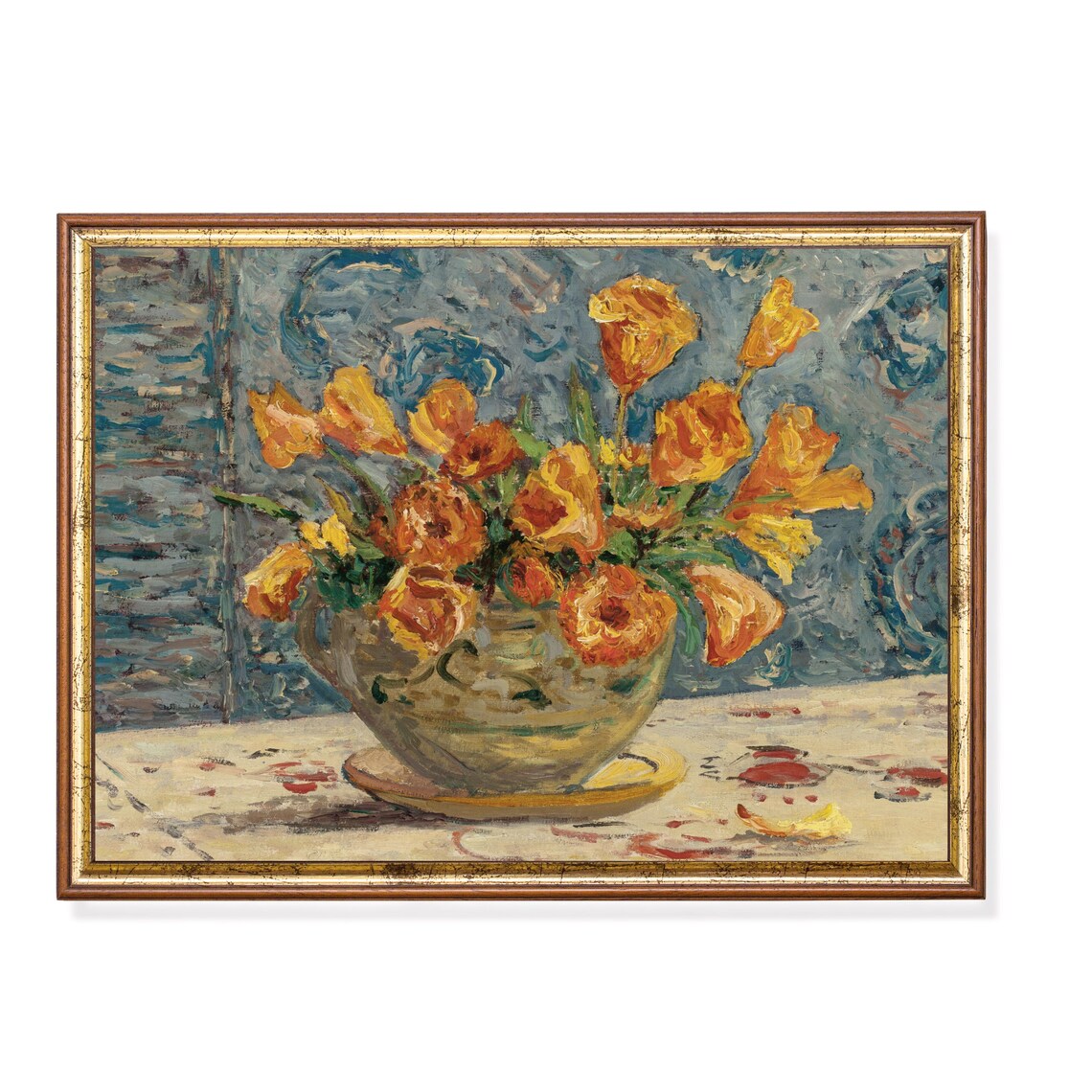Golden Tulips Bowl Impressionist Blue Background Vintage Floral Poster