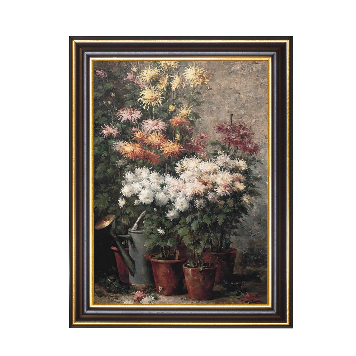 Potted Chrysanthemums with Watering Can Autumn Garden Floral Poster - Image 2
