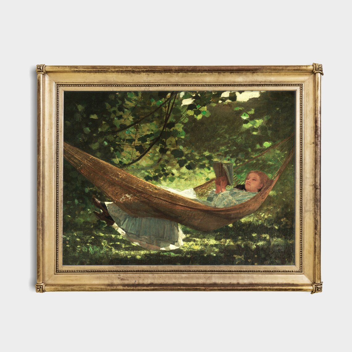 Girl Reading In Hammock Vintage Painting Sunlit Garden Leisure Poster - Image 2