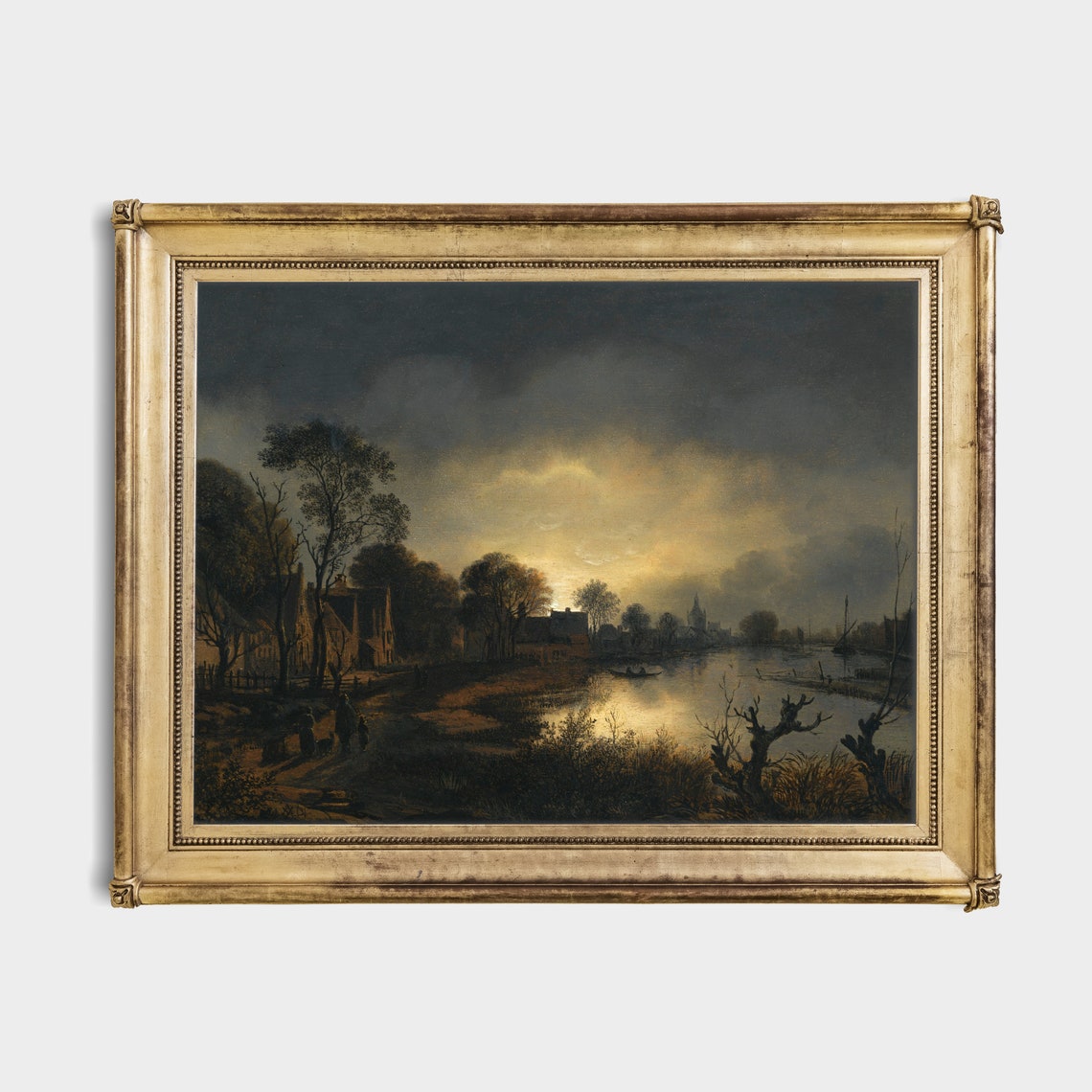 Moonlit Riverside Village Vintage Painting Glowing Night Sky Poster - Image 2