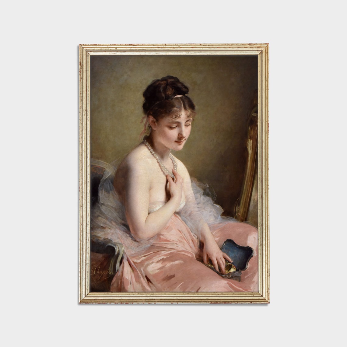 Lady in Pink Satin Gown with Pearls Classical Vanity Portrait Poster - Image 2