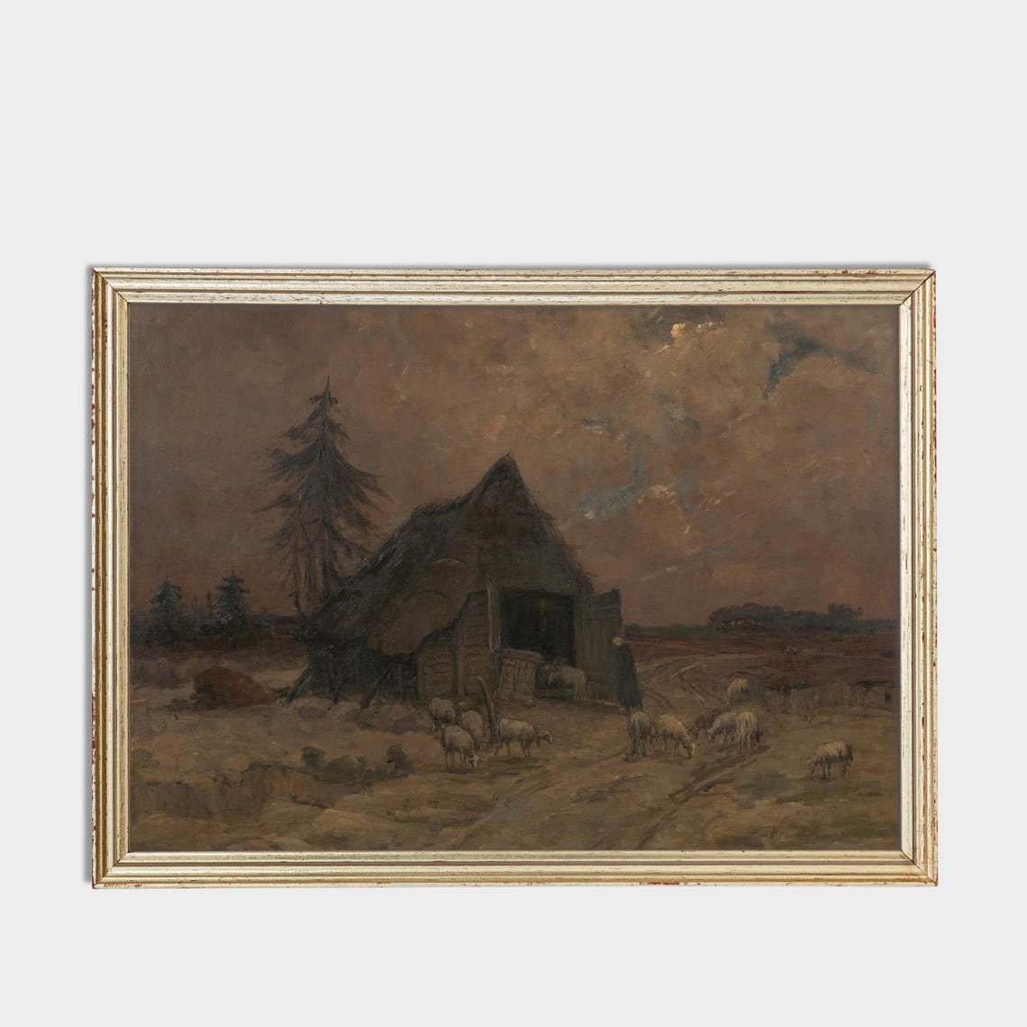 Sheep Grazing by a Thatched Barn at Dusk Vintage Farm Poster - Image 3