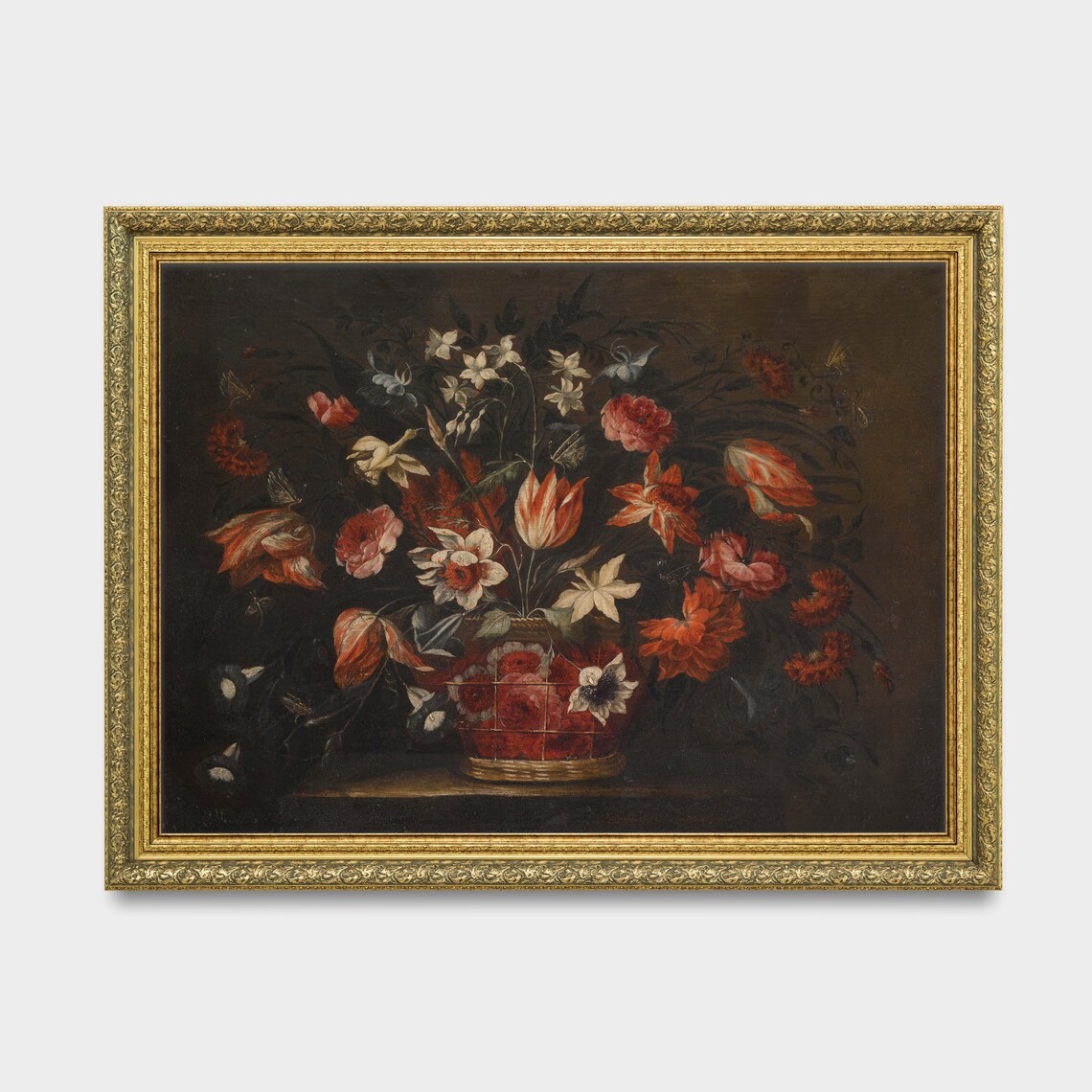 Red Tulips and Roses in a Basket Dutch Floral Still Life Poster - Image 3