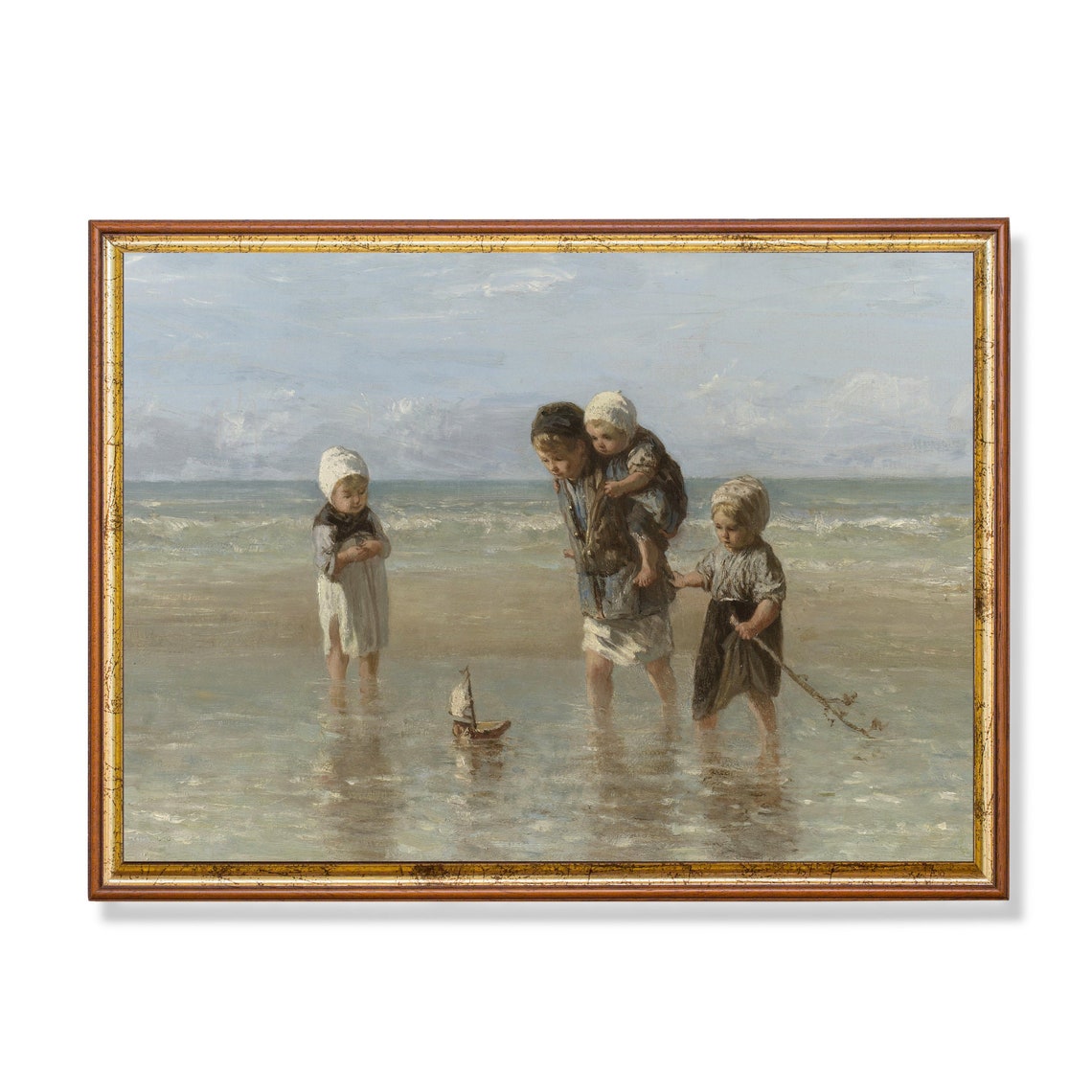Children Playing with a Toy Sailboat at the Seashore Vintage Poster