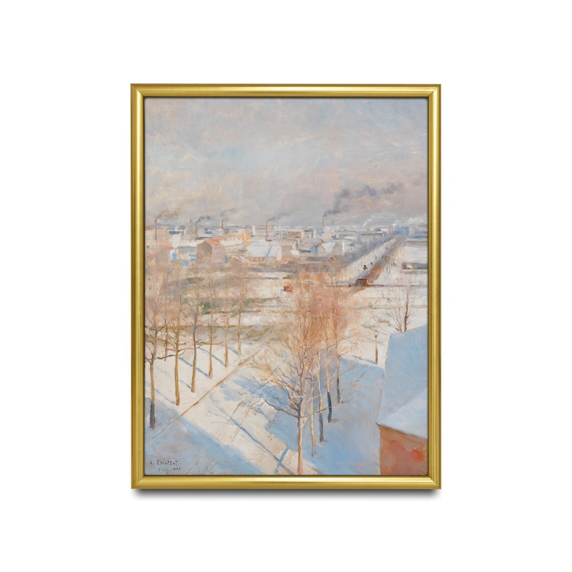Snowy City Rooftops Chimneys Winter Cityscape Painting Poster - Image 2