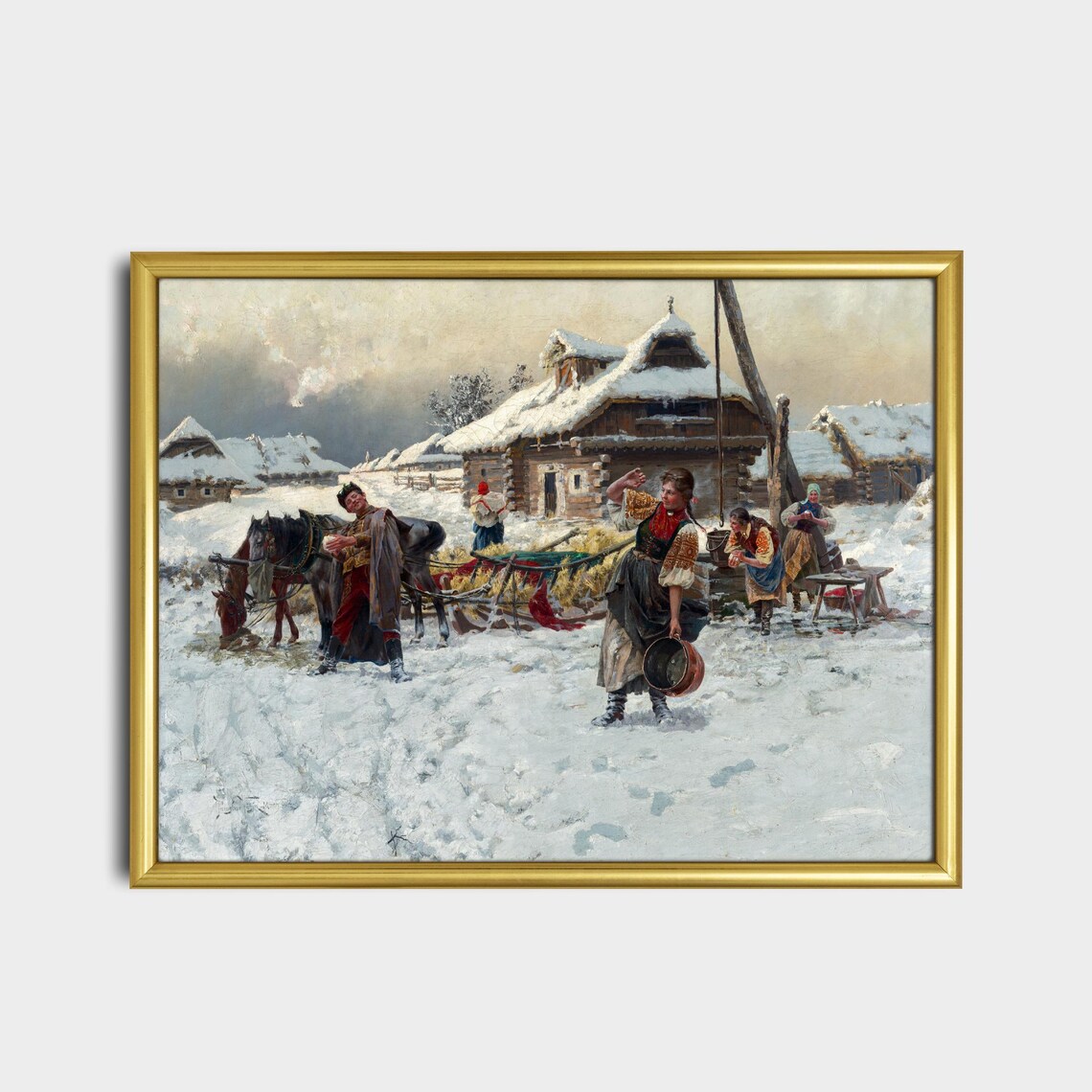 Snowball Fight in a Snowy Russian Village Vintage Art Poster - Image 2